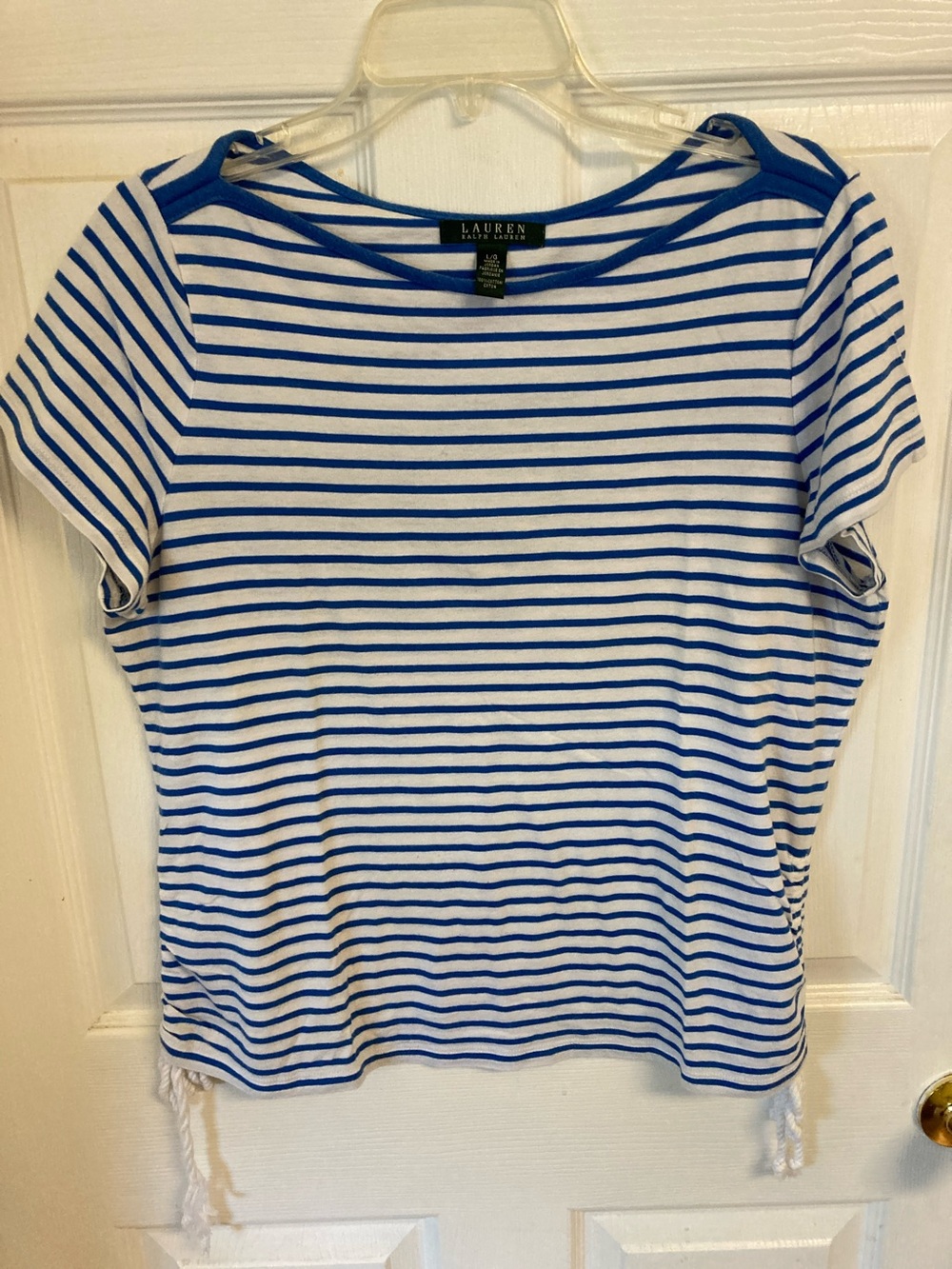 Lauren Ralph Lauren White and Blue Striped Short Sleeve Boatneck Top